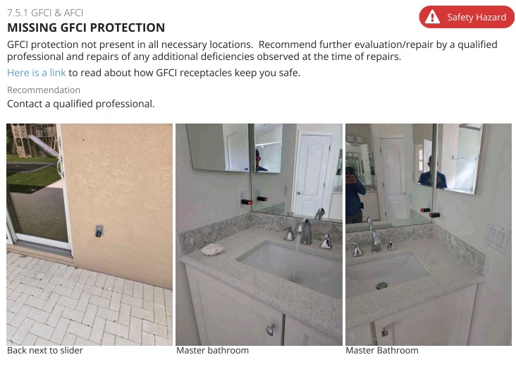 Inspection report excerpt 7.5.1 showing missing GFCI protection at master bathroom and exterior receptacle