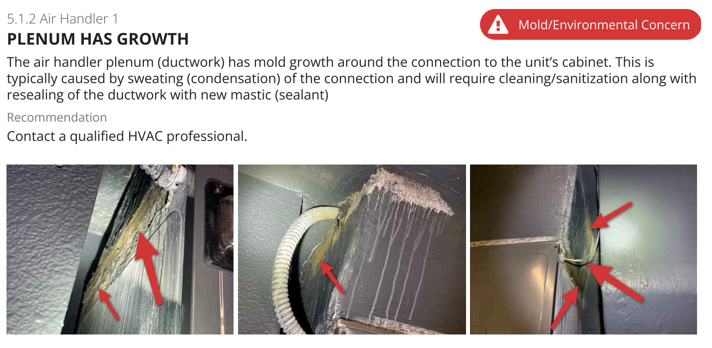 Mold at supply plenum connection on air handler cabinet