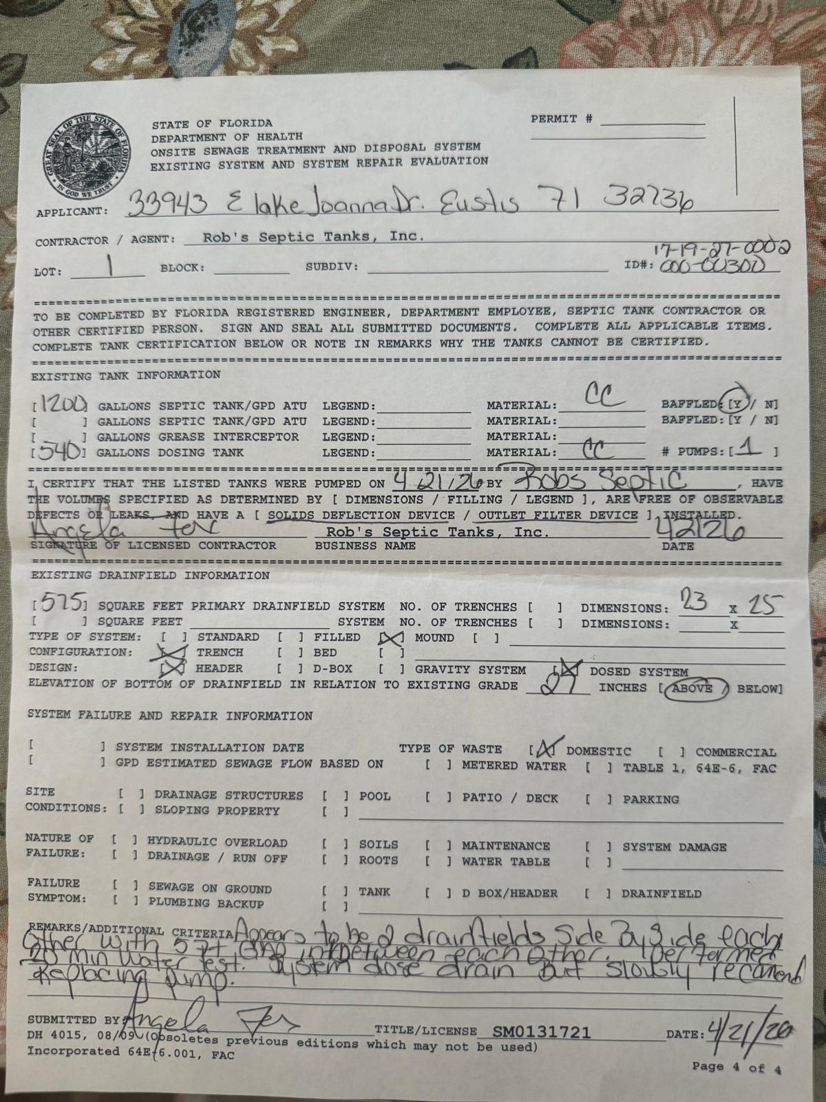 Septic evaluation form noting slow drainage and pump replacement recommendation