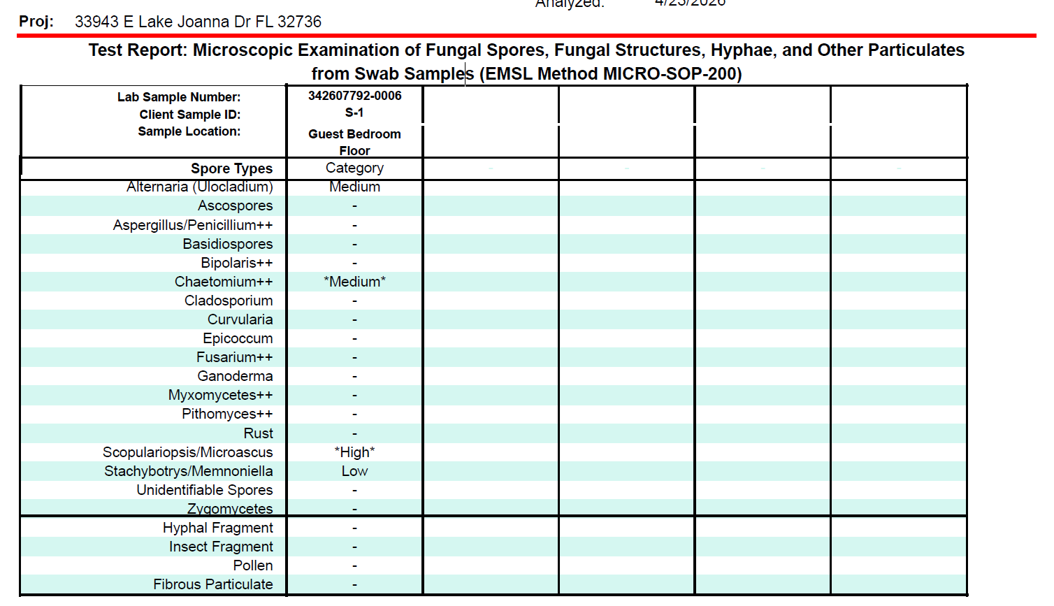 EMSL lab swab S-1 taken from beneath water-damaged floor board, showing Scopulariopsis (High), Chaetomium (Medium), Alternaria (Medium), and Stachybotrys (Low)